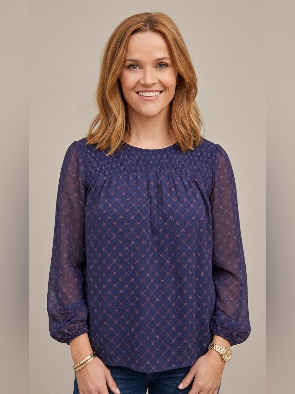 Draper James Women's Smocked Chiffon Blouse‎ Navy Blue Geometric Print